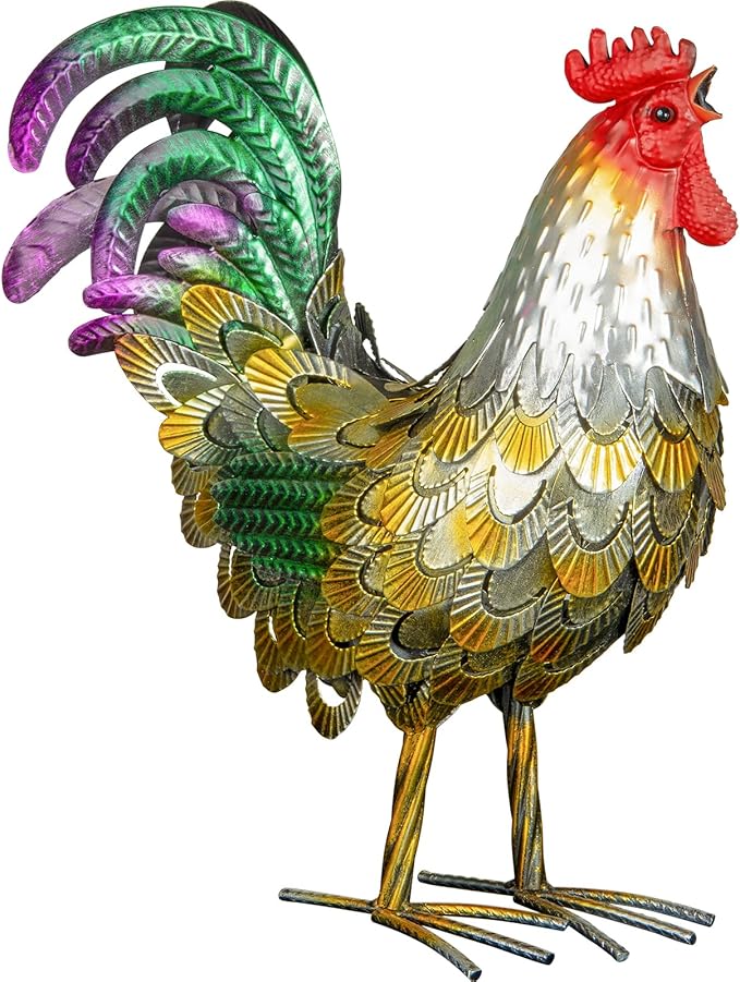 Metal Rooster Statues, Garden Chicken Decorations, Outdoor Chicken Sculptures, Metal Yard Rooster Artwork for Yard Farm Patio Lawn Porch Kitchen Decoration (Gold)