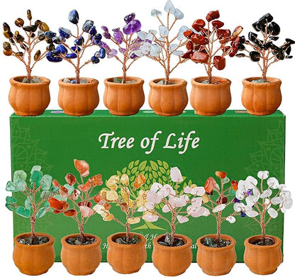 Runyangshi 12pcs Crystal Tree Set Tree of Life Natural Crystal Stones with Bonsai Base Gemstone Trees Fengshui Good Luck Positive Energy Home Decor