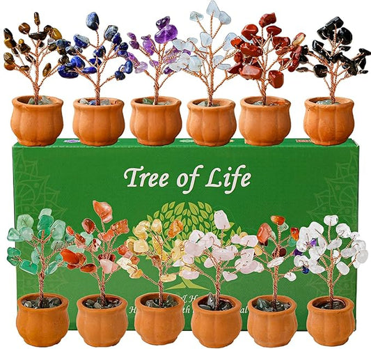 Runyangshi 12pcs Crystal Tree Set Tree of Life Natural Crystal Stones with Bonsai Base Gemstone Trees Fengshui Good Luck Positive Energy Home Decor