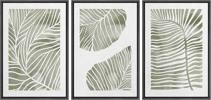 Ashbrook Framed Canvas Print Wall Art Set Abstract Jungle Green Pastel Plants Nature Wilderness Illustrations Modern Art Rustic Chic Colorful for Living Room, Bedroom, Office - 16"x24"x3 Black