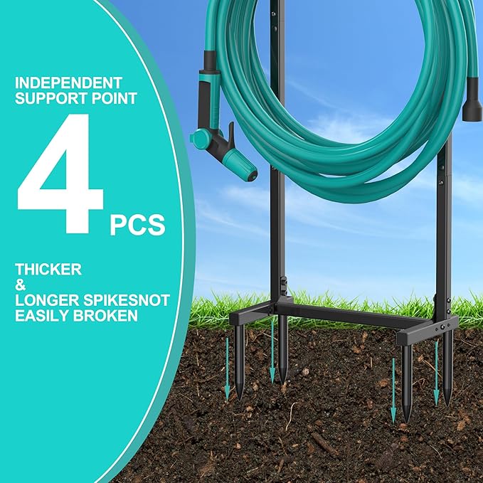 Meykwod Garden Hose Holder, Heavy Duty Water Hose Holder with 4 Spikes Holds 150ft Water Hose, Sturdy Freestanding Hose Stand Hose Hanger Hose Storage for Outside Yard Lawn (Metal, Black)