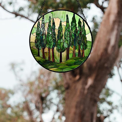 Stained Glass Window Hanging 4 Pcs Set Forest Green Trees Winter Snow Large 15" - Suncatcher Door Garden Sun Catcher Home Decor Birthday Mother's Day for Woman Nana Mom Men
