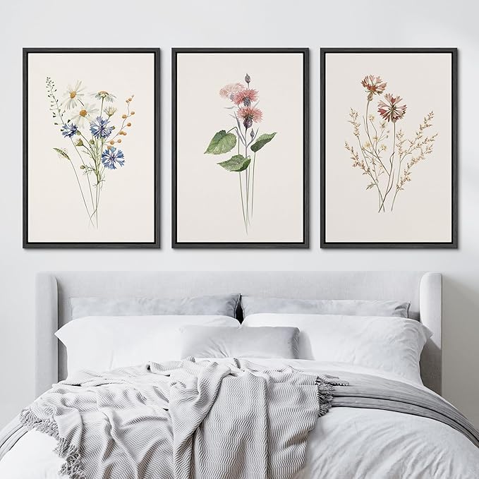 Ashbrook Framed Canvas Print Wall Art Set Pastel Flower Variety Nature Wilderness Illustrations Modern Art Decorative Floral Botanical Minimal Calm/Relax/Cozy for Bedroom - 16"x24"x3 Black