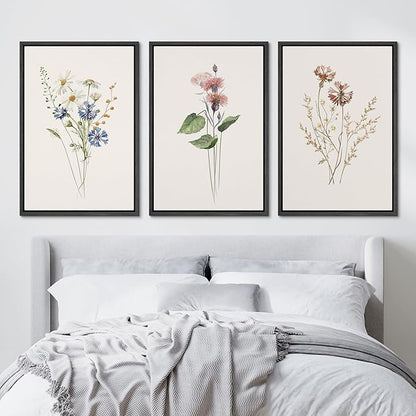 Ashbrook Framed Canvas Print Wall Art Set Pastel Flower Variety Nature Wilderness Illustrations Modern Art Decorative Floral Botanical Minimal Calm/Relax/Cozy for Bedroom - 16"x24"x3 Black