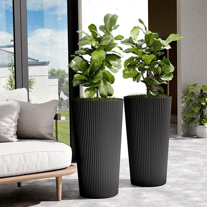 Tall Outdoor Planter Front Porch Decor Set of 2-23.6" H Tall Planters for Outdoor Plants with Drainage Hole, Round Conical Design Flower Pots for Indoor/Patio/Garden, Black