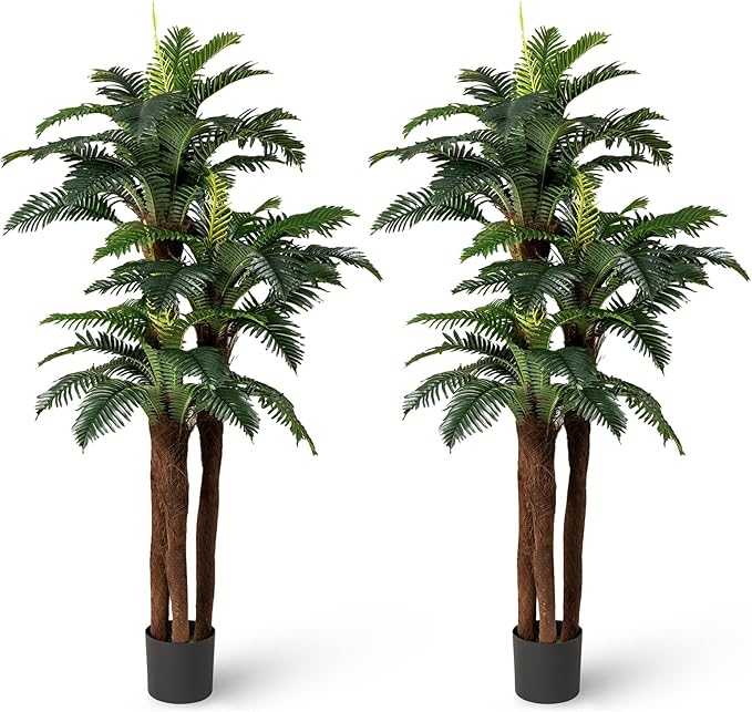 Goplus 2 Pack Artificial Palm Tree, 6.3 ft Tall Fake Tropical Plant with 45 + 3 Adjustable Leaves, 3 Real Barks & Moss, Indoor Faux Pre-potted Floor Plant for Home Office Decoration, Housewarming Gift