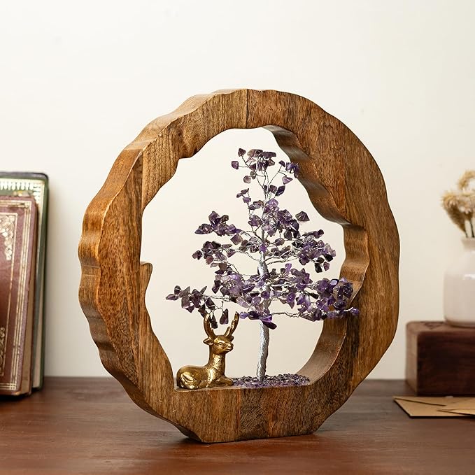 RITUALISTIC Amethyst Crystal Tree with Reindeer Handcrafted Feng Shui Gemstone Bonsai Tree Chakra Handmade Home Decor Wealth & Luck Crystal Showpiece Decorative Spiritual Gifts Standard Purple