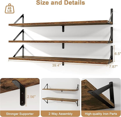 Fun Memories Long Wall Shelves for Bedroom, Set of 3 Large 40-Inch Floating Bookshelves, Rustic Wood Display Shelf for Home and Office (Rustic Brown)