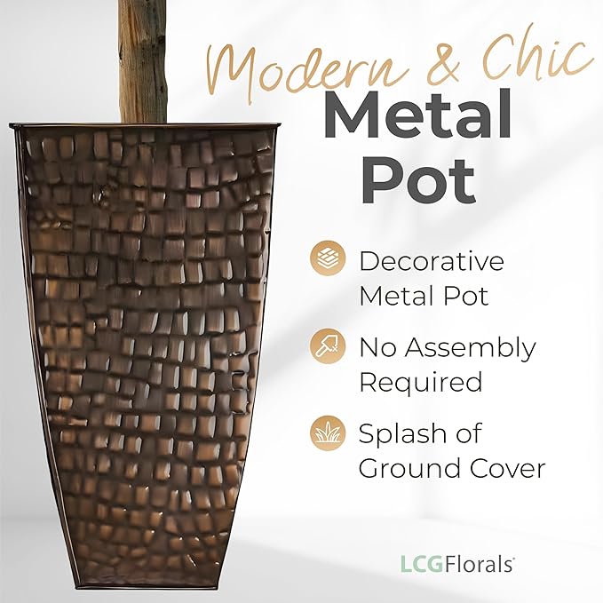 8ft Artificial Ficus Tree in Copper Metal Pot - Real Wood Trunk, Preassembled, No Maintenance Indoor Faux Plant - Living Room, Home & Office Decor