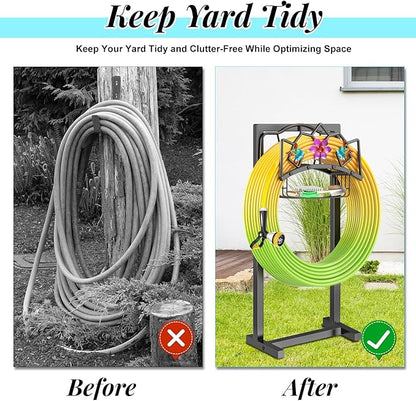 Garden Hose Holder, Heavy Duty Metal Water Hose Holder with Storage Basket, Freestanding Hose Stand Hanger, Sturdy Hoses Storage Rack 150-feet for Outside Yard Lawn