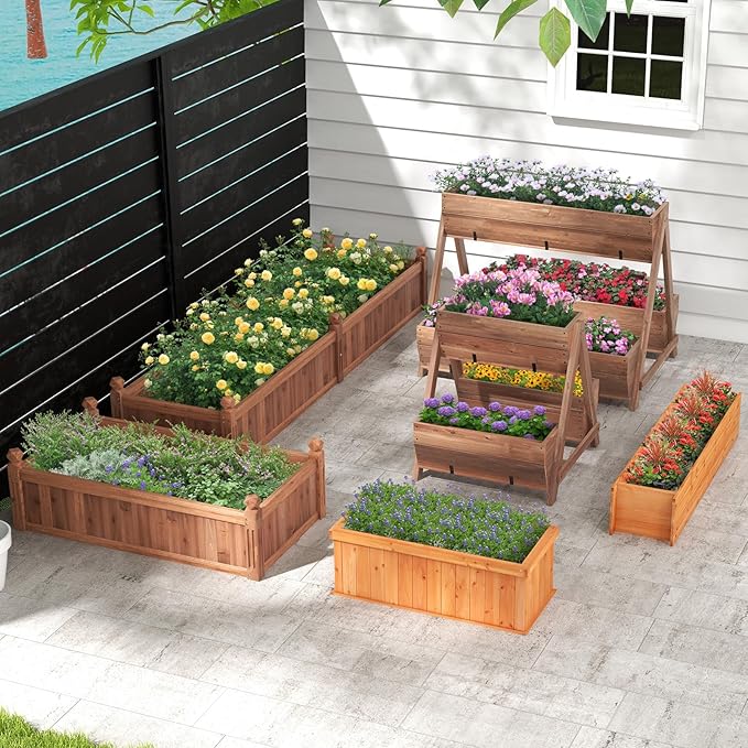 S AFSTAR 21-Inch Vertical Raised Garden Bed, 3 Tiered Wooden Planter Boxes 26" L x 29" W x 29" H, Drainage Holes, Indoor Outdoor Flowerbed, Freestanding Elevated Planter Box for Garden Flower Veggies