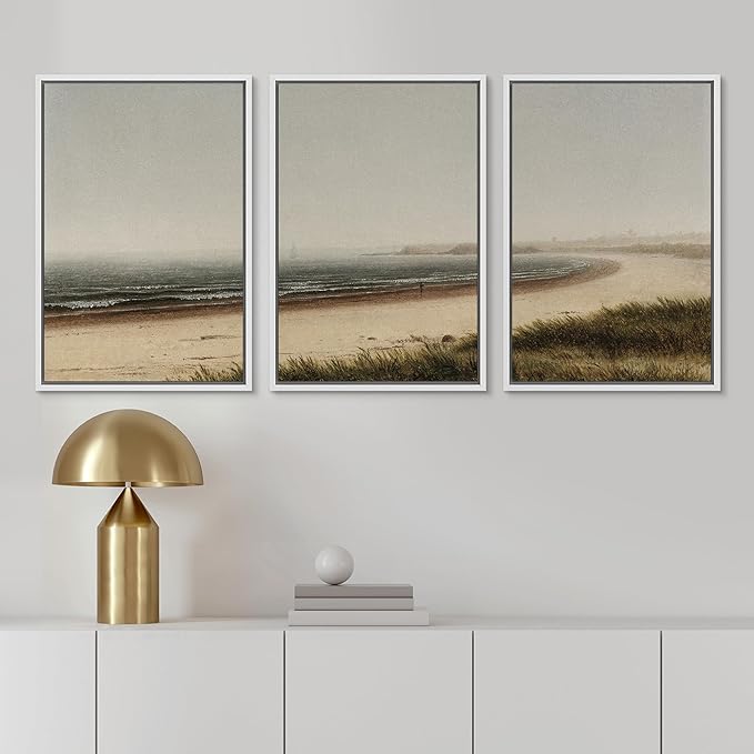 Ashbrook Framed Canvas Print Wall Art Set Misty Beach Horizon Nature Wilderness Illustrations Fine Art Decorative Seascape Horizon Vintage for Living Room, Bedroom, Office - 24"x36"x3 White