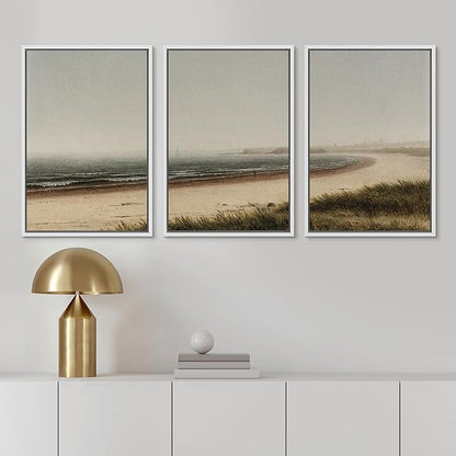 Ashbrook Framed Canvas Print Wall Art Set Misty Beach Horizon Nature Wilderness Illustrations Fine Art Decorative Seascape Horizon Vintage for Living Room, Bedroom, Office - 24"x36"x3 White
