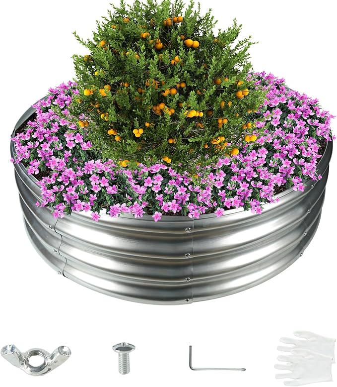 3FT Diameter Galvanized Garden Raised Bed/Plant Box/Fire Pit Ring-0.8mm Thick,12 Inch Tall,Crimped Edge and Corner,No Sharpe,Perfect for Plantings (Silver, 36 Dia X 11.5 inches)