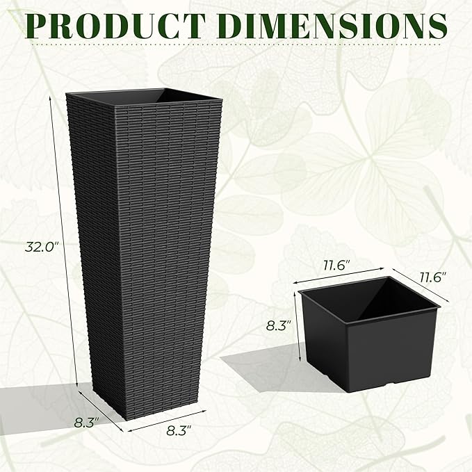 JUMMICO Set of 2 Resin Rattan Tall Planters for Outdoor Plants, Large Tapered Planters with Drainage Holes&Inner Trays, Flower Pots for Garden, Patio, Porch, Backyard (Black, 32'')