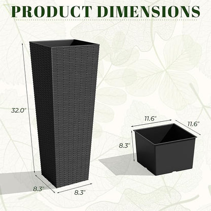 JUMMICO Set of 2 Resin Rattan Tall Planters for Outdoor Plants, Large Tapered Planters with Drainage Holes&Inner Trays, Flower Pots for Garden, Patio, Porch, Backyard (Black, 32'')