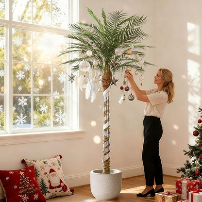 Artificial Phoenix Palm Tree 8ft Tall 2 Set – Fake Large Tropical Tree with 18 Adjustable Leaves, Outdoor Indoor Faux Sago Palm Plant for Living Room Patio Poolside Yard Decor (2, 8ft)