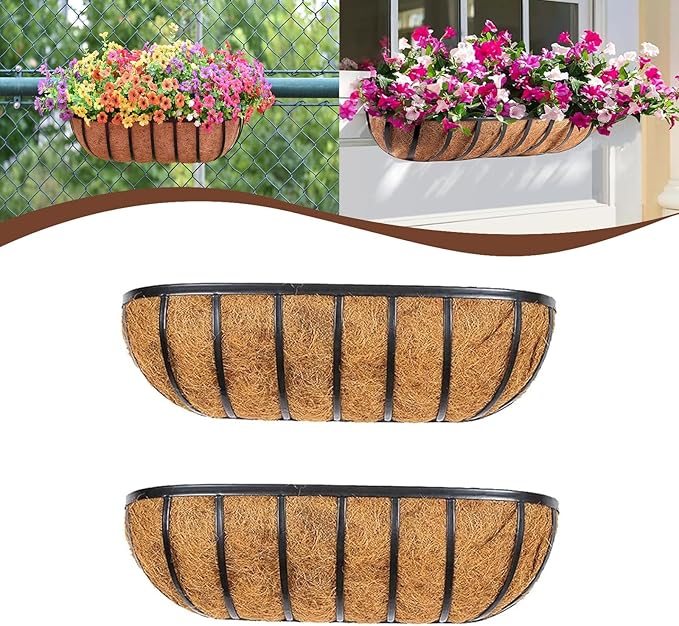 2 Pcs 36“ Railing Planter Window Box Deck Railing Planter Boxes with Coco Liner English Horse Trough Planters Metal Wall-Mounted Planters Basket for Outdoor Balcony Porch Fence Patio Rail