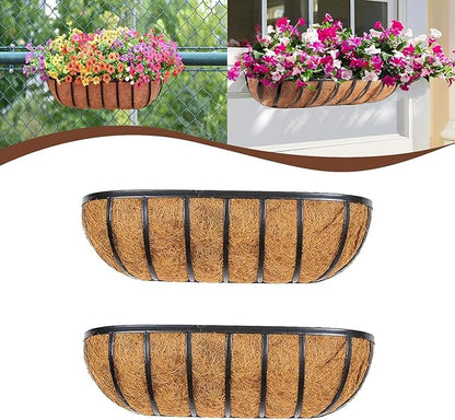 2 Pcs 24“ Railing Planter Window Box Deck Railing Planter Boxes with Coco Liner English Horse Trough Planters Metal Wall-Mounted Planters Basket for Outdoor Balcony Porch Fence Patio Rail