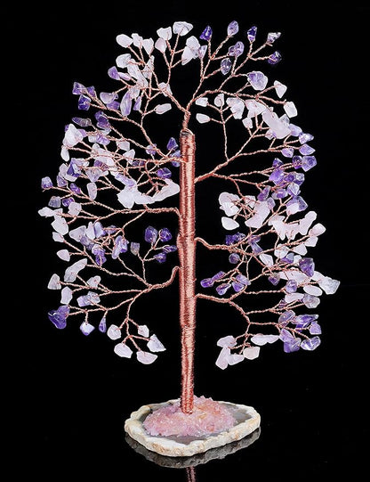 Amethyst & Rose Quartz Crystal Tree of Life - Handmade Gemstone Tree, Geode Agate Slice Base, Chakra Tree of Life, Feng Shui Tree, Money Tree, Crystal Decorations, Spiritual Gifts, Healing Crystal