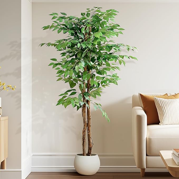 VECELO Ficus Tree Artificial 6 Feet, Tall Faux Tree in Pot, Fake Floor Plant with Realistic Tree Branch & Silk Leaves for Home Office Indoor Decor