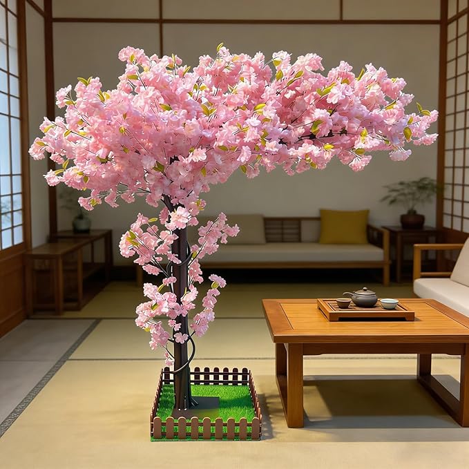 Artificial Cherry Blossom Tree 8.2Ft, Pink Silk Flowers with Solid Wood Trunk for Home & Garden Decor