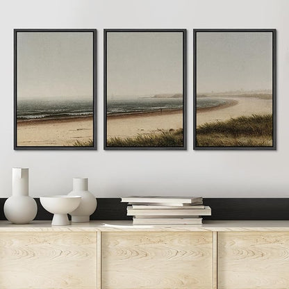 Ashbrook Framed Canvas Print Wall Art Set Misty Beach Horizon Nature Wilderness Illustrations Fine Art Decorative Seascape Horizon Vintage for Living Room, Bedroom, Office - 16"x24"x3 Black