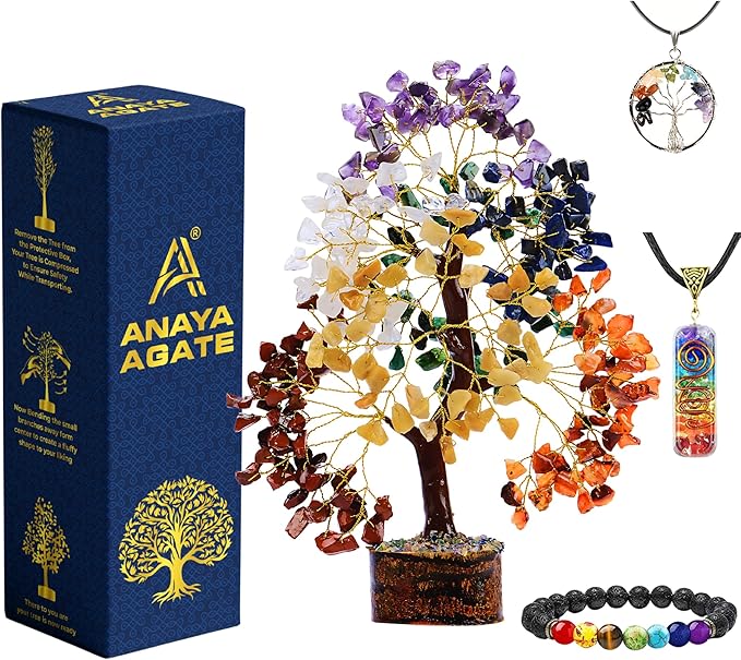 7 Chakra Healing Crystal Tree Kit, Bracelet, Pendant, Necklaces, Handmade Gemstone Money Bonsai Tree of Life Feng Shui Decor for Home Office, Positive Energy, Reiki Healing, for Women