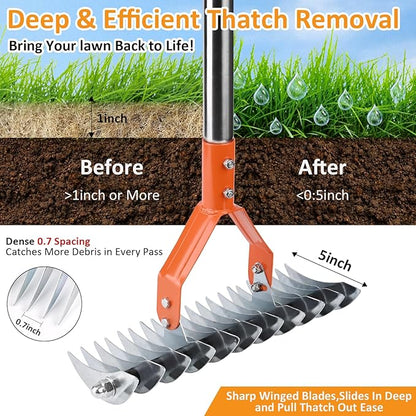Thatch Rake -15 Inch Dethatcher Rake with Adjustable Handle, Efficient Steel Metal Gass Rakes with Handle,Heavy Duty Thatching Rakes for Lawn,Garden, Yard