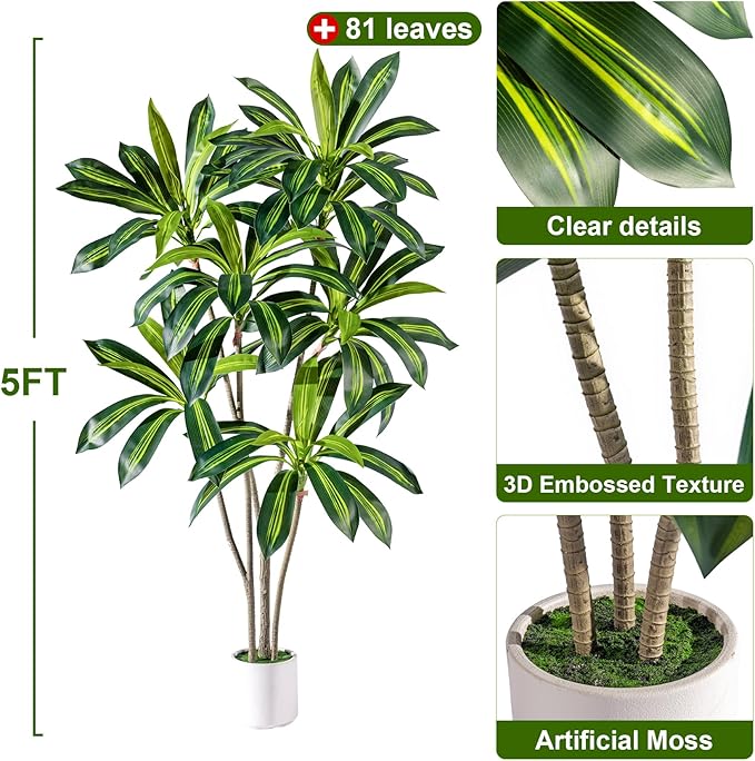Artificial Trees Large Tall Fake Tree Fiddle Leaf fig Indoor Outdoor Realistic Big Faux Patio Plants Floor Dracaena Decorative for Home Living Room Office Bedroom Porch Outside Patio para decoracion