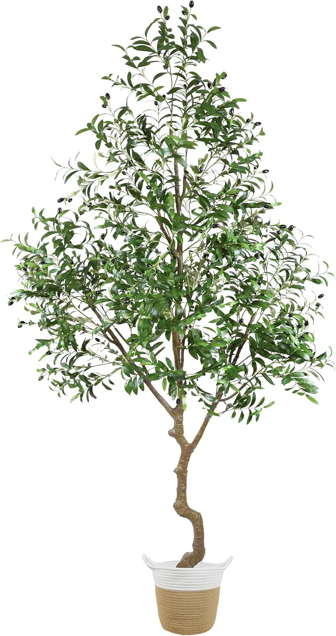8ft Artificial Olive Tree, 96” Tall Fake Plant with Basket, Indoor Outdoor Faux Large Olive Silk Tree for Home Office Living Room Decor (2400 Leaves)