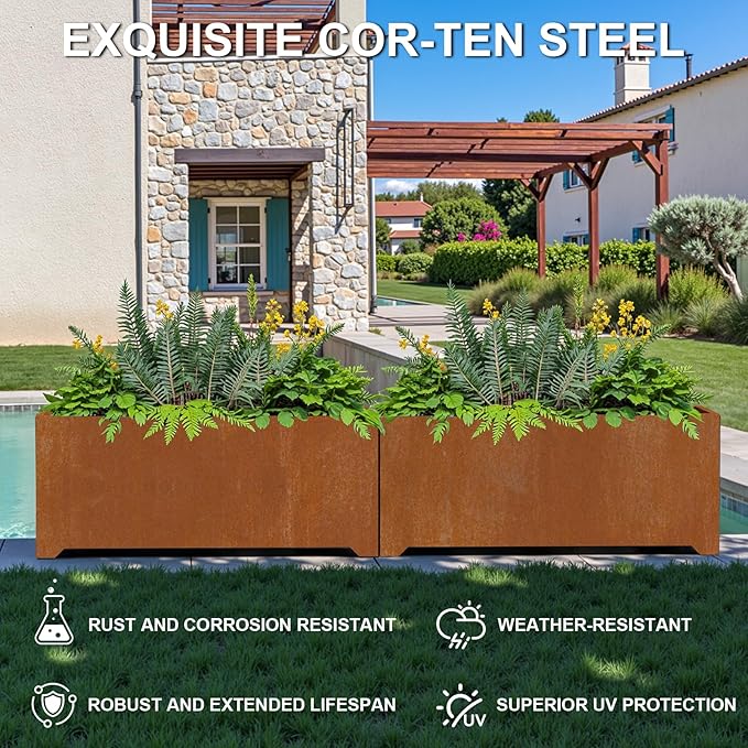Large Planters for Outdoor Plants 32"L x 15"W x 15"H, Co-rten Steel Planter Box with 6 Drainage Holes, Raised Bottom, All-Weather Garden Planter Box for Patio, Lawn, Commercial & Residential