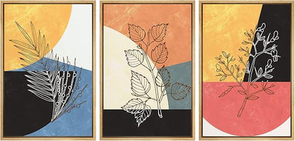 Ashbrook Framed Wall Art Print Set Geometric Mid-Century Color Block Plant Silhouettes Abstract Nature Illustrations Modern Art Boho Colorful for Living Room, Bedroom, Office - 16"x24"x3 Natural