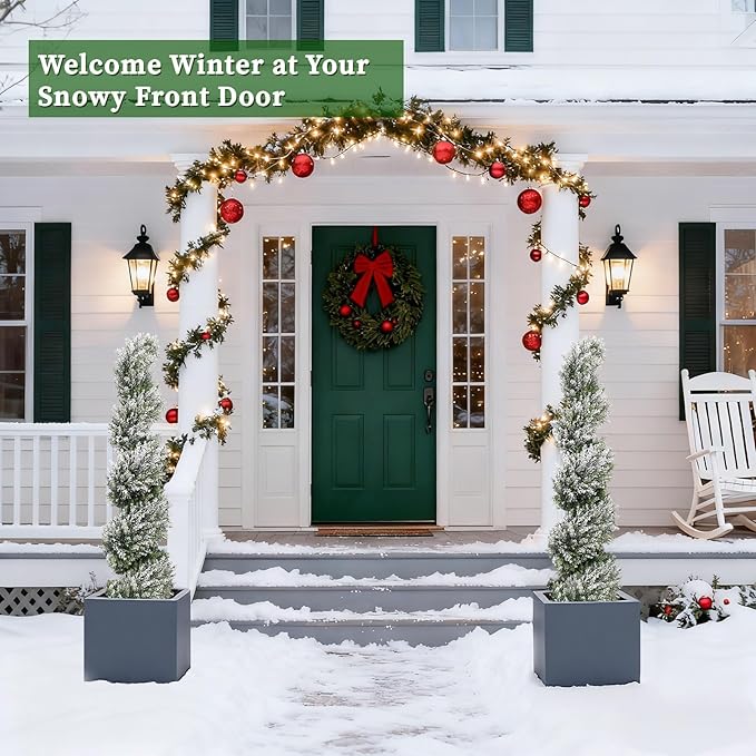 THE BLOOM TIMES 4ft Snow-Flocked Spiral Artificial Topiary Trees Set of 2, 48 inch Faux Cedar Trees for Front Porch Christmas Planter Decor, Fake Plants for Indoor or Covered Outside Display 4 Foot
