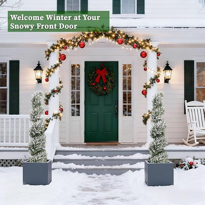 THE BLOOM TIMES 4ft Snow-Flocked Spiral Artificial Topiary Trees Set of 2, 48 inch Faux Cedar Trees for Front Porch Christmas Planter Decor, Fake Plants for Indoor or Covered Outside Display 4 Foot