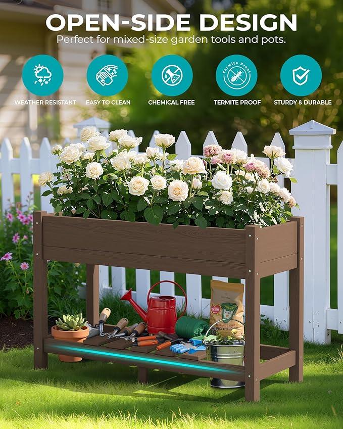 SERWALL Raised Garden Bed with Legs Set of 2, 43"×17"×30" Large HDPE Elevated Planter Box for Vegetables Flower Herb Patio, All Weather Use- Brown