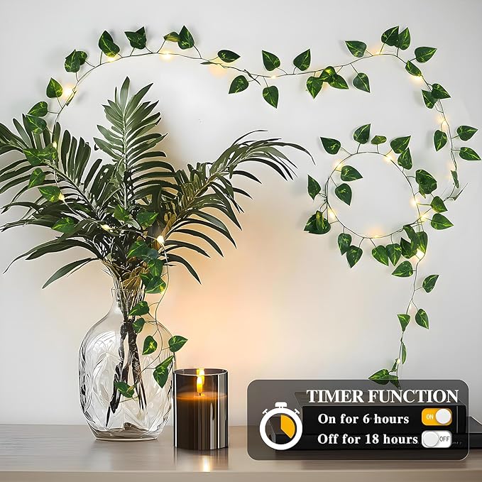 Metaku 33FT 100 LED Vine with Fairy Lights, Battery Operated Pothos String Lights with Remote, Warm White Leaf Lights for Bedroom, Room, Wall, Wedding, Garden, PartyDecor
