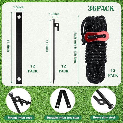 Sintuff 36 Pcs Heavy Duty Tree Stake Kits Stake and Support for Young Leaning Tree Anchor Straightening Kit, 15.8'' Support Straps, 11.8'' Steel Stakes, 13.12ft Rope(Black)