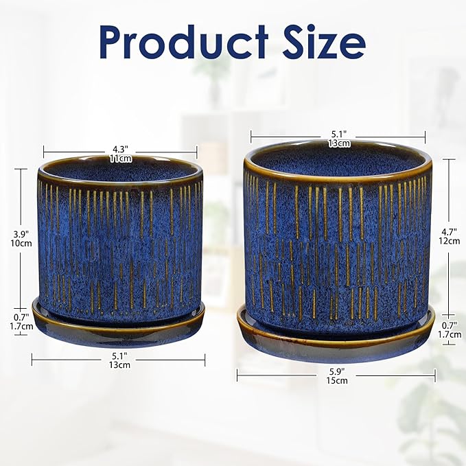 Ceramic Plant Pots with Drainage Holes, Set of 2, 4.3+5.1 Inch Stripe Garden Planter Pots for Outdoor Indoor Plants Flower, Round Succulent Orchid Flower Pot Blue