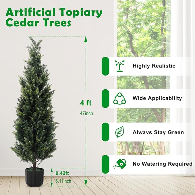 4FT Tall Artificial Cedar Topiary Trees Set of 2, Artificial UV Resistant Potted Plants, Faux Bushes Fake Shrubs for Outdoor Indoor Home Entryway Front Porch Garden Patio Offices Living Room Decor