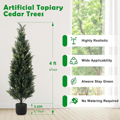 4FT Tall Artificial Cedar Topiary Trees Set of 2, Artificial UV Resistant Potted Plants, Faux Bushes Fake Shrubs for Outdoor Indoor Home Entryway Front Porch Garden Patio Offices Living Room Decor