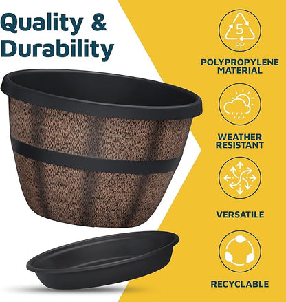 10-Inch Whiskey Barrel Planters Outdoor Pack of 2 - Durable Plastic Plant Pots for Indoor & Outdoor Use with Drainage & Saucer, Lightweight Rustic Barrel Planters for Flowers, Herbs & Small Plants