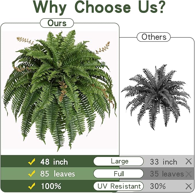Artificial Boston Fern Silky Bush, 48IN Faux Fern Large Hanging Lifelike Plant for Indoors Outdoors Home Decor, Suitable for Porch Entrance Garden Home, 85Branches (1 Pcs)