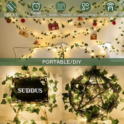 suddus Vine with Fairy Lights Battery Operated, 13.1ft 40 LED Ivy String Light with Remote, Leaf Lights for Bedroom, Room, Wall, Garden, Party, Wedding Dorm Decor (Warm White)