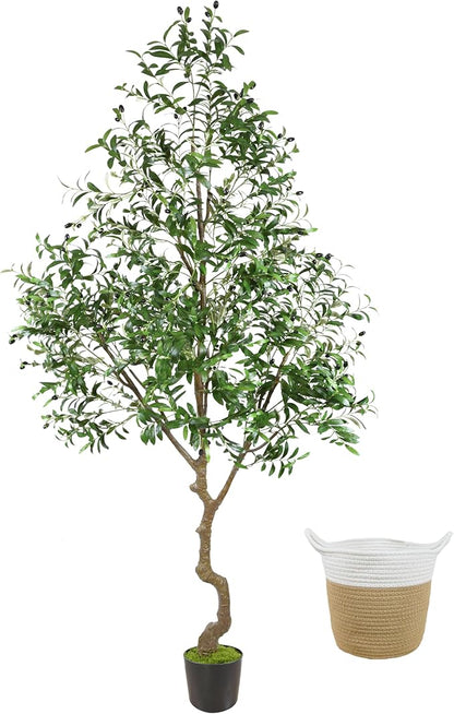 8ft Artificial Olive Tree, 96” Tall Fake Plant with Basket, Indoor Outdoor Faux Large Olive Silk Tree for Home Office Living Room Decor (2400 Leaves)