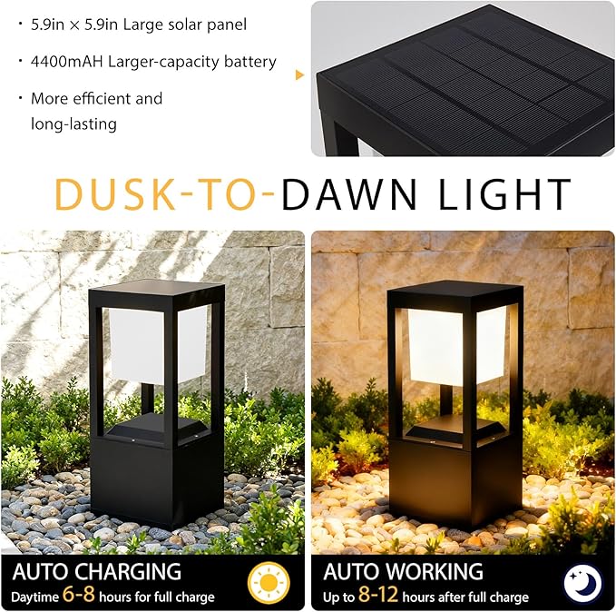 Solar Bollard Lights Outdoor, 13" Modern Led Landscape Pathway Lights Waterpoorf, Path Lighting for Garden Yard Decoration, 3CCT Seturable, Auto On/Off, Lawn and Concrete Mount (2 Pack)