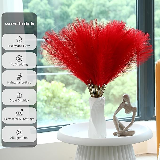 60pcs Red Pampas Grass Decor - 24 Inch Short Artificial Pampas Grass Decor, Fake Pompas Floral for Vase Filler, Wedding Flower Arrangement, Party and Home Decor (Red)