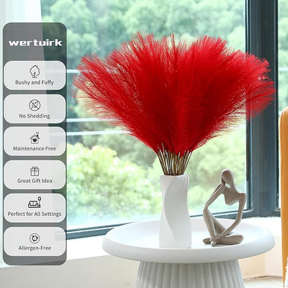 60pcs Red Pampas Grass Decor - 24 Inch Short Artificial Pampas Grass Decor, Fake Pompas Floral for Vase Filler, Wedding Flower Arrangement, Party and Home Decor (Red)