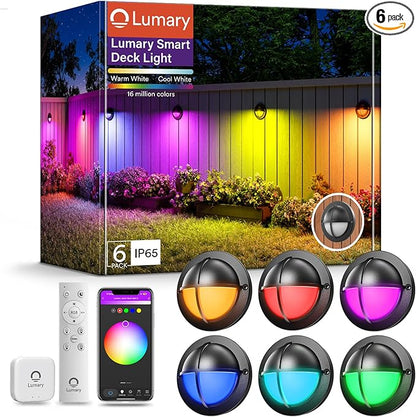 Lumary 6 Pack 12-24V Low Voltage Deck Lighting with Hub, 4 Inch Smart Outdoor Step Light Waterproof, 2200K-6500K RGBCW Color Changing Landscape for Deck, Fence, Stair, Work with Alexa/Google Assistant