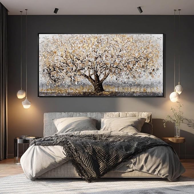 CHUDANHAO Gold Foil Canvas Wall Art Flower Wall Decor Plant Photo Prints Landscape Wall Decorations 29"x58" Large Artwork for Living Room Office